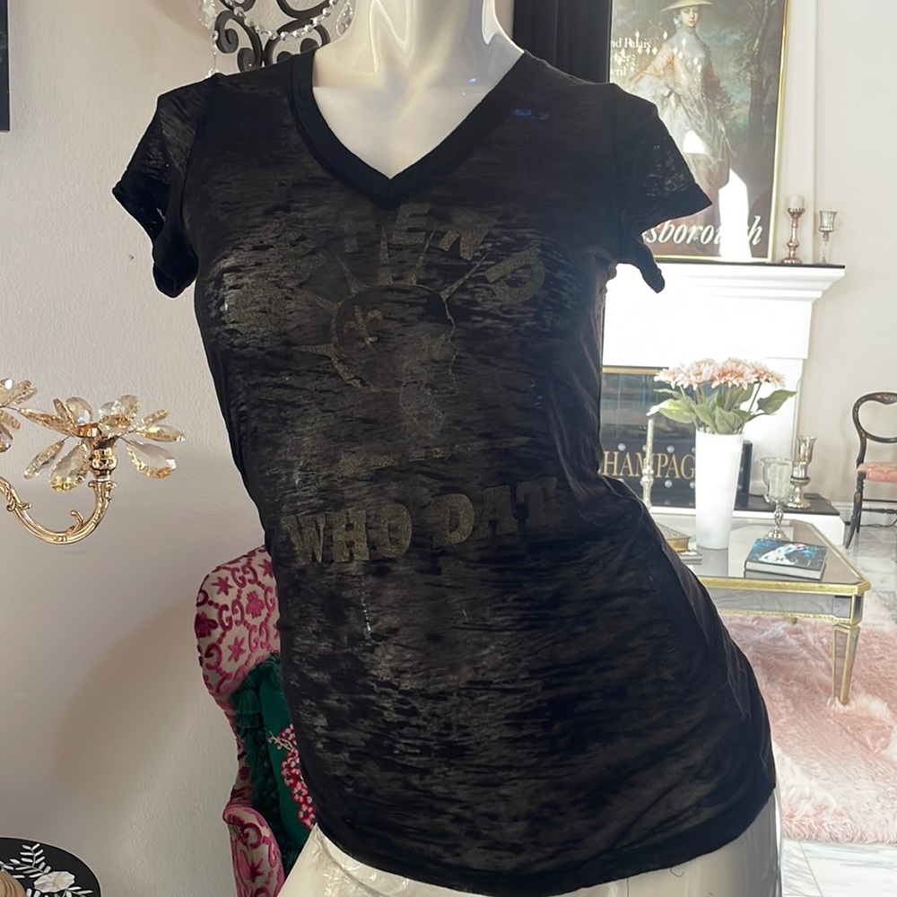 Women’s black, sheer New Orleans Saints, short sleeve T-shirt